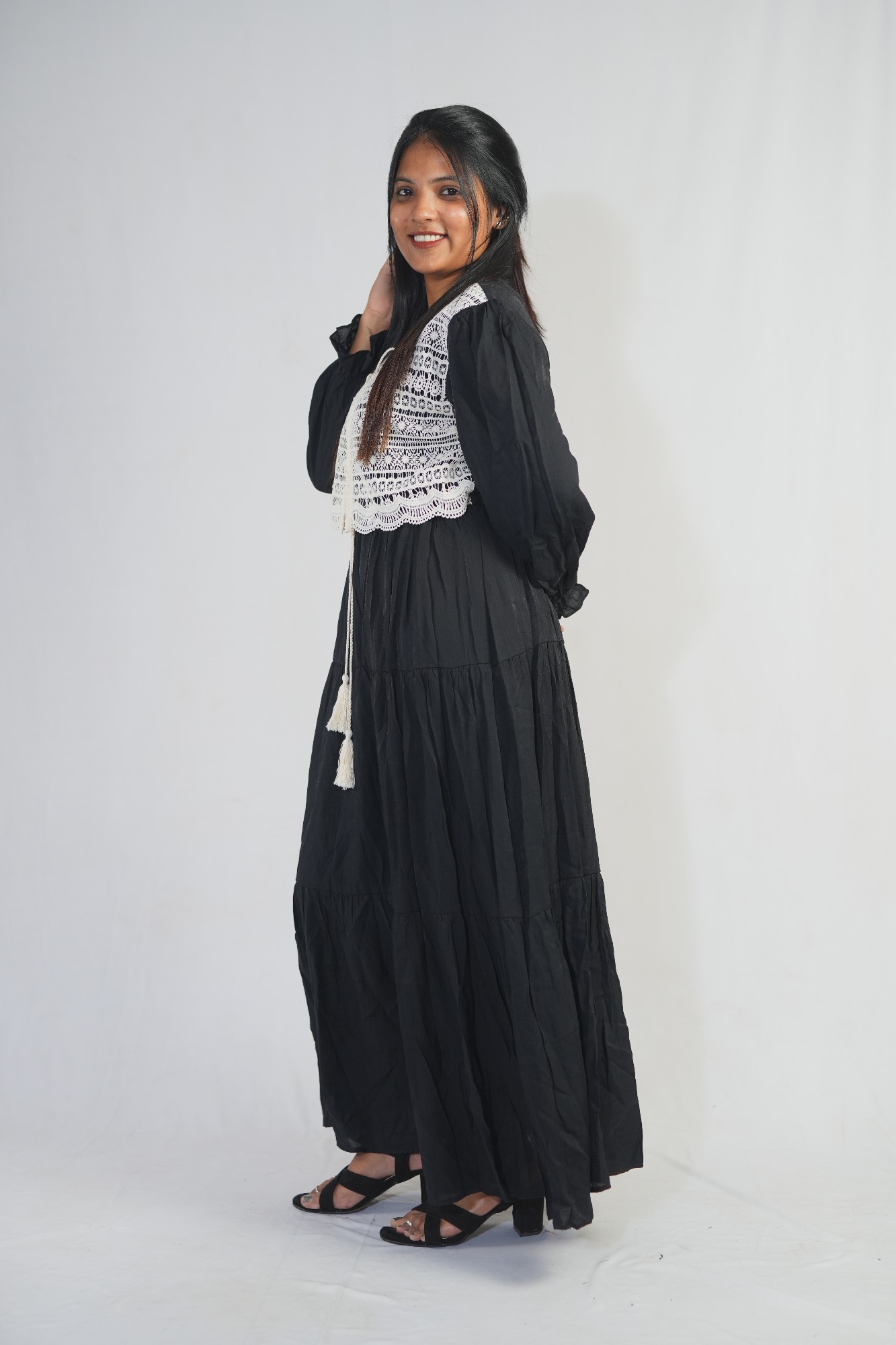 Black Boho Maxi Dress with Crochet Overlay  Hiru Elegance