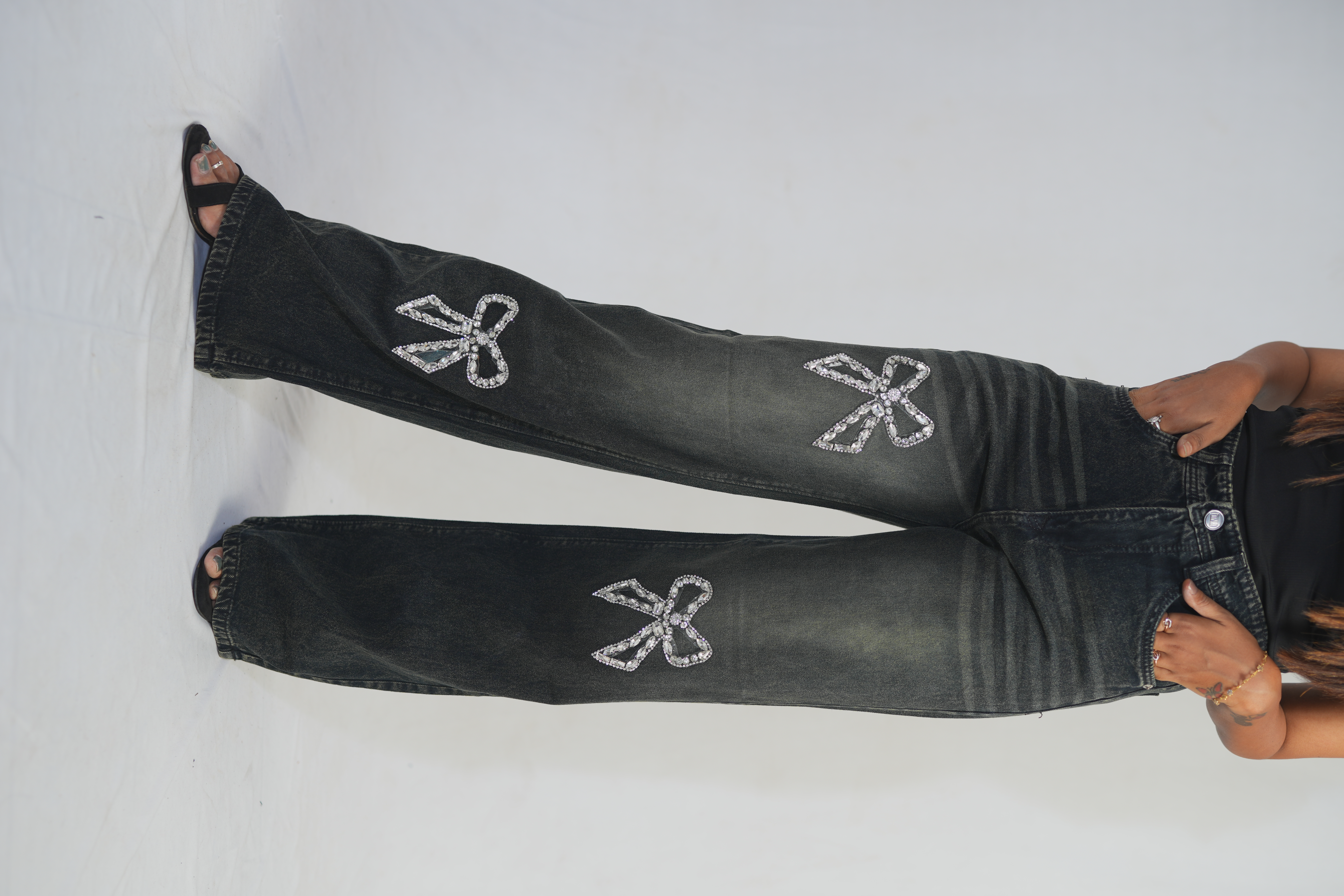 Charcoal Black Shade Wide Leg Denim With Bow Stones