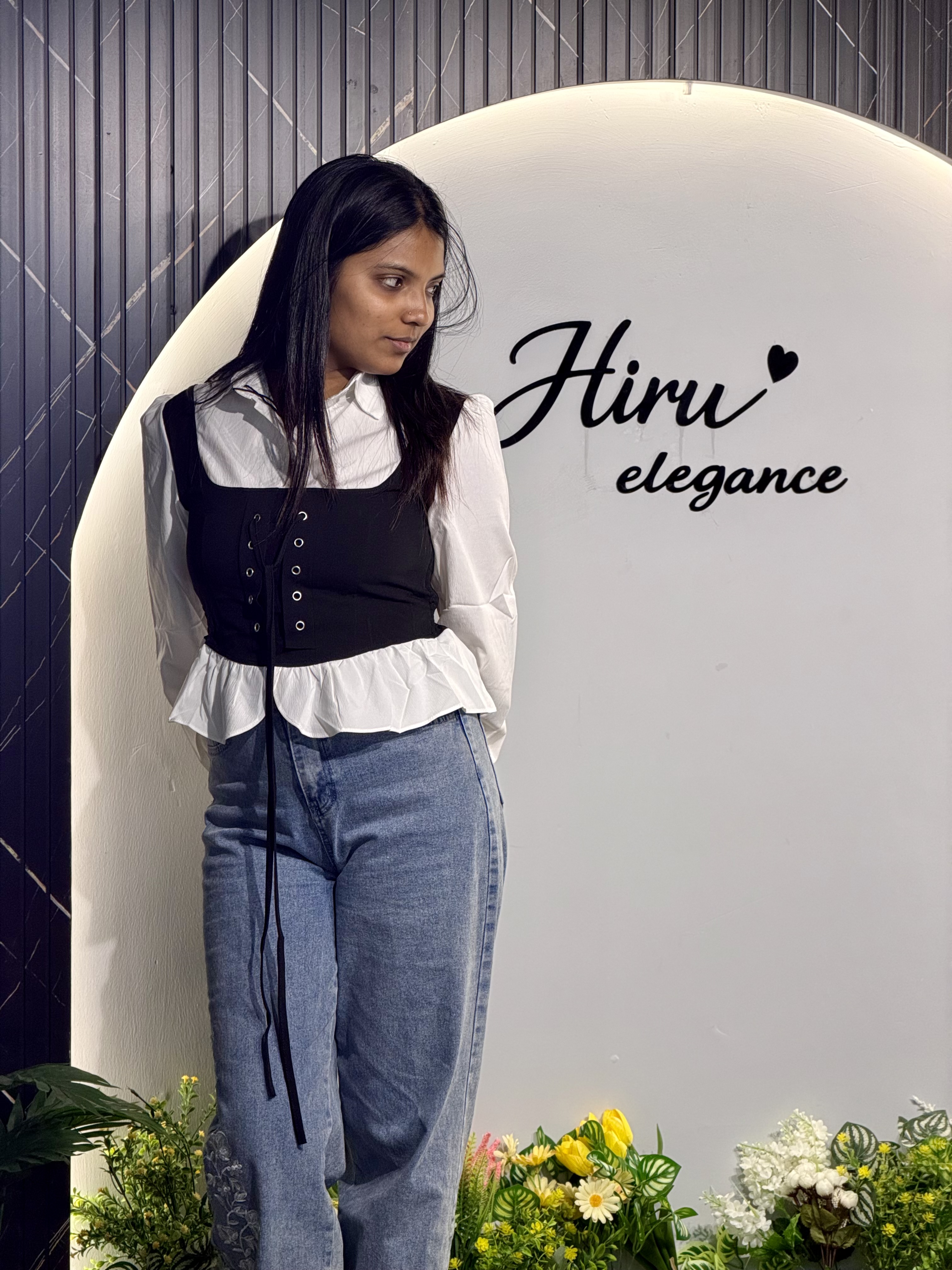 Floral Denim Sleeve Corset Top