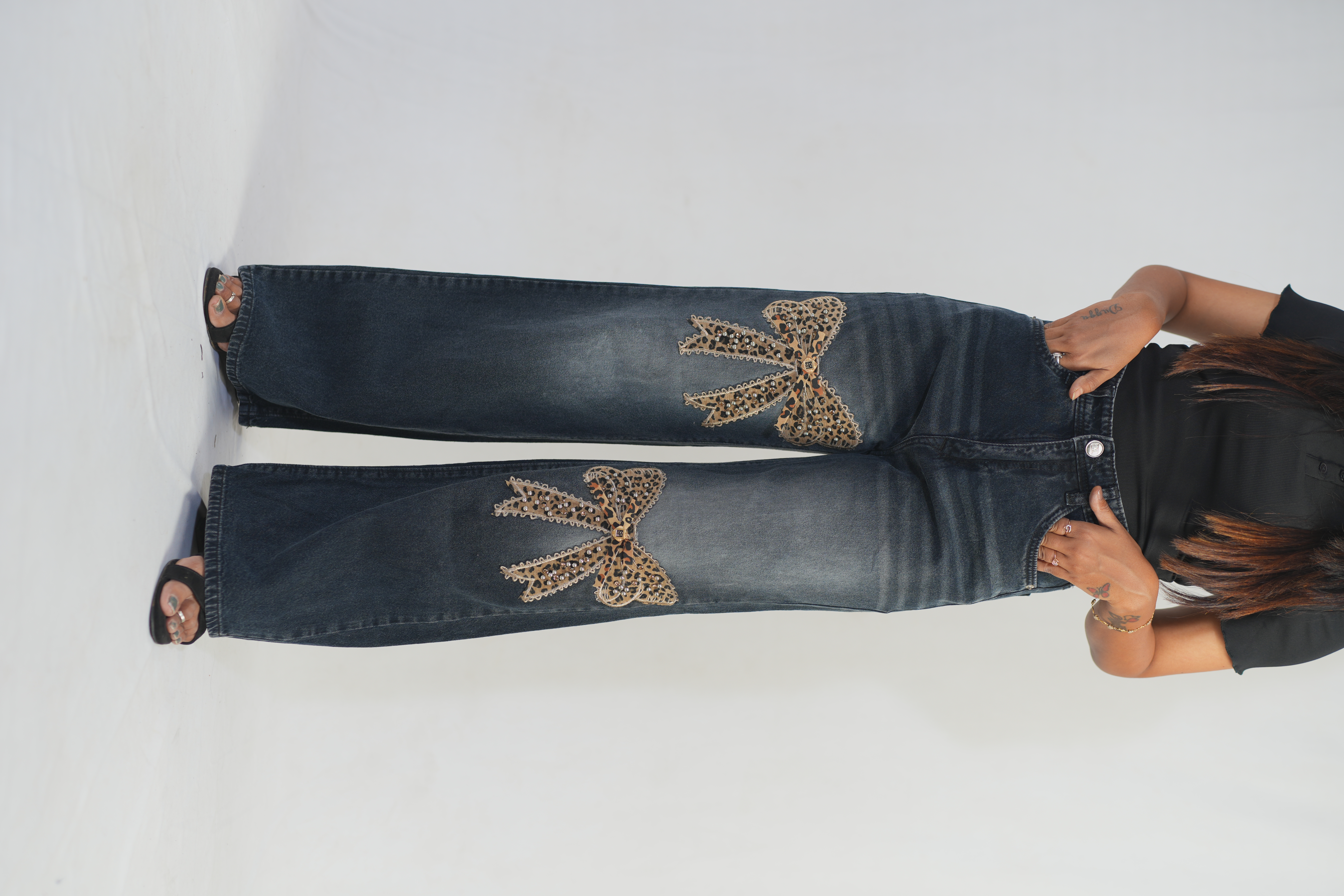 Leopard Bow Patch High-Waist Wide Leg Jeans
