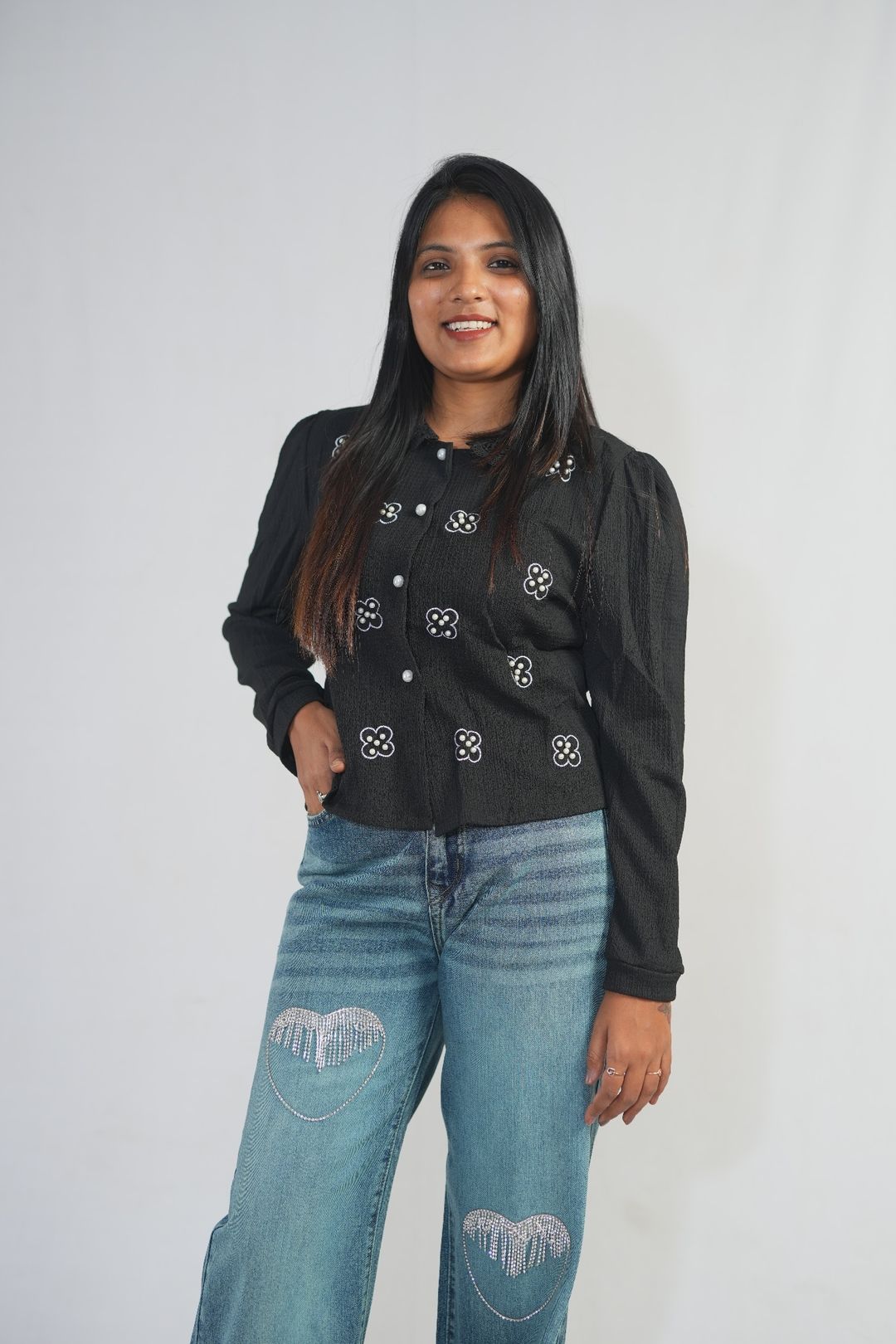 Black Pearl Button Floral Embellished Shirt