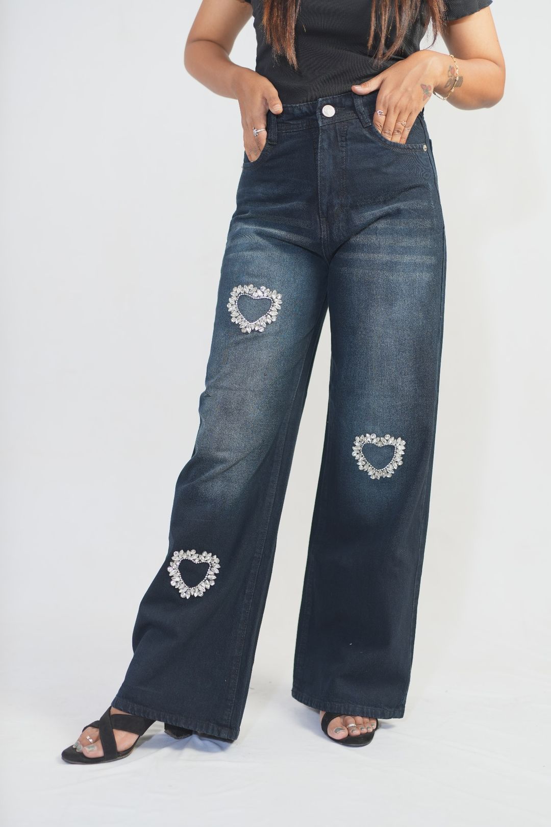 Dark Wash Wide Leg Heart Embellished Denim Jeans