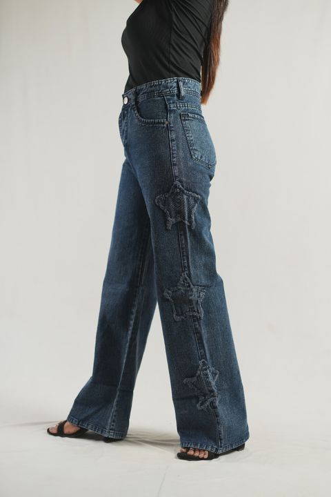 High-Rise Star Detail Wide-Leg Denim Pants