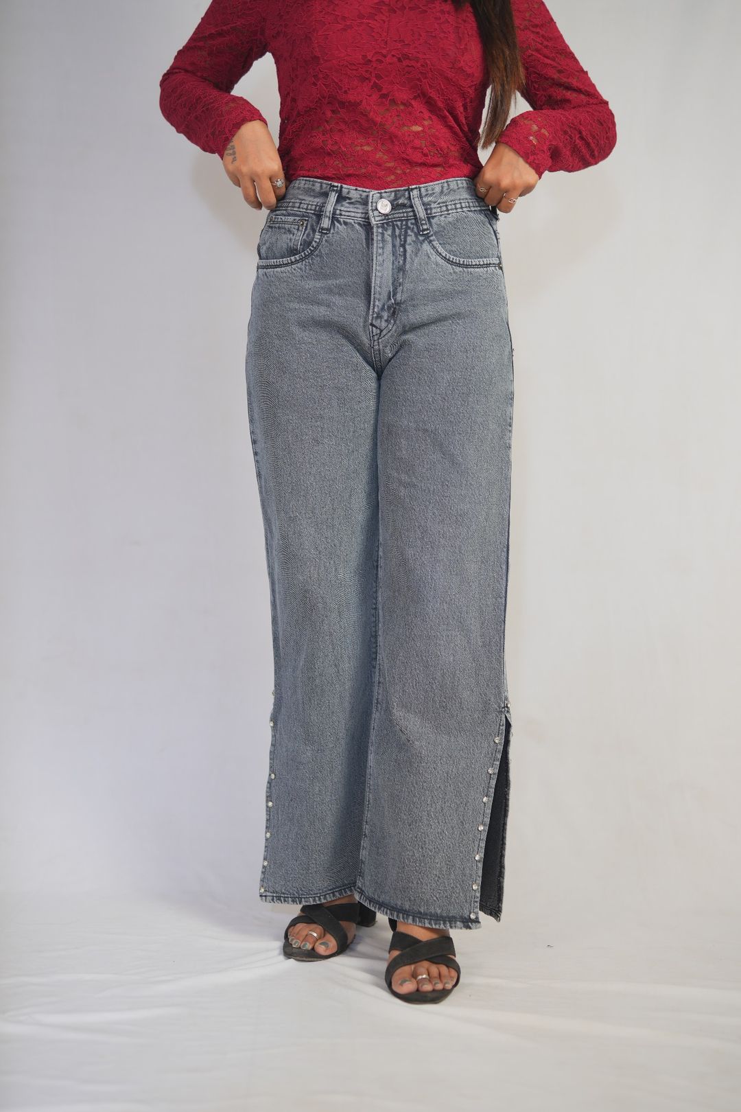 High-Waist Wide-Leg Denim Pants with Side Slit Detail