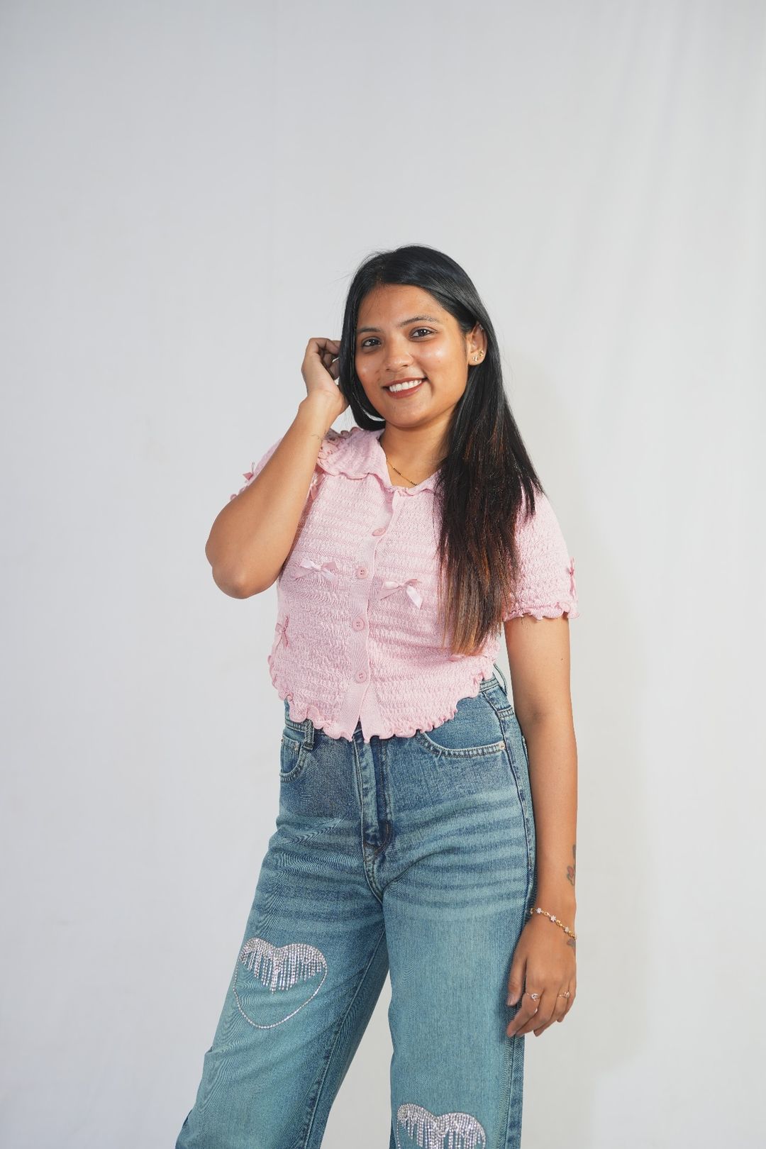 Pink Smocked Bow Detail Crop Top